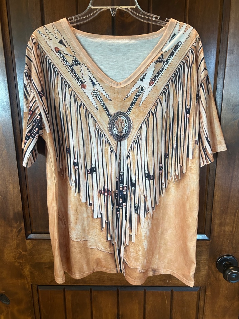 Women's Fringe V-Neck Short Sleeve Top in Tan